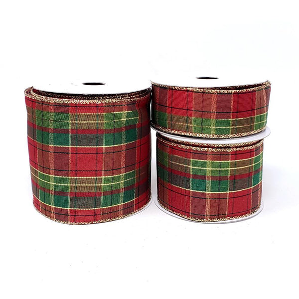 Christmas Classic Metallic Plaid Wired Edge Ribbon, Red/Green/Gold, 10-Yard