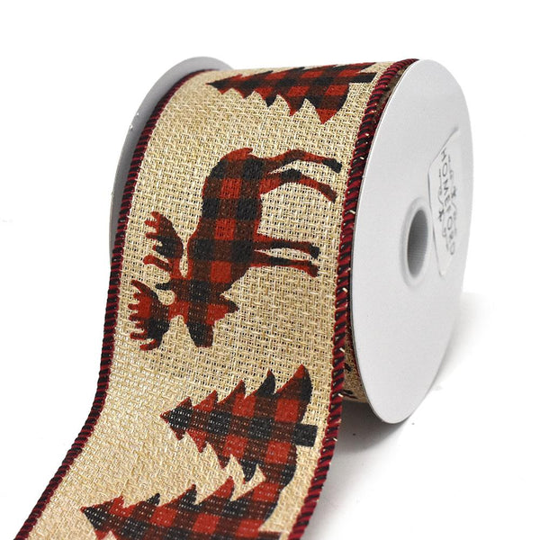 Plaid Moose and Christmas Tree Wired Ribbon, 2-12-Inch, 10-Yard