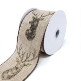 Christmas Deer Heads in Gold Linen Ribbon, 2-1/2-Inch, 10-Yard, Natural