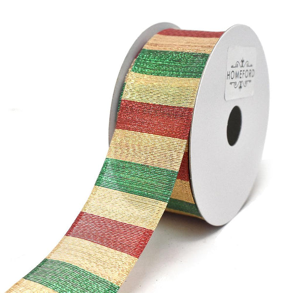 Shiny Metallic Stripes Wired Ribbon, Gold/Red/Green, 1-1/2-Inch, 10-Yard