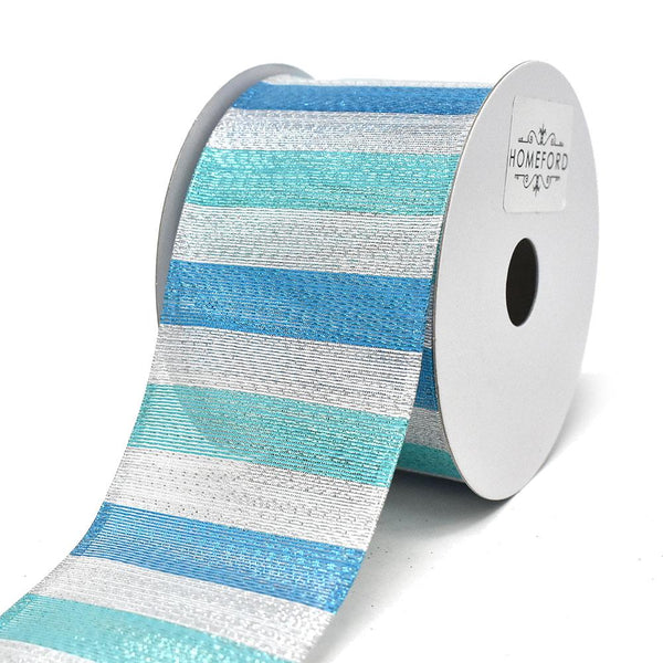 Shiny Metallic Stripes Wired Ribbon, Silver/Aqua/Turquoise, 2-1/2-Inch, 10-Yard