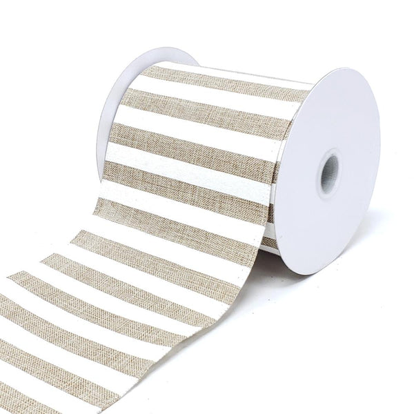 Christmas White Horizontal Stripes Linen Ribbon, 4-Inch, 10-Yard, Light Natural