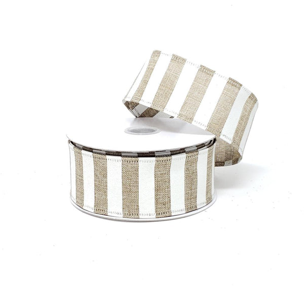 Christmas White Horizontal Stripes Linen Ribbon, 1-1/2-Inch, 10-Yard, Light Natural