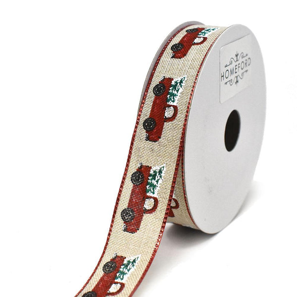 Snowy Tree in Red Truck Linen Christmas Ribbon, Natural, 7/8-Inch, 10-Yard