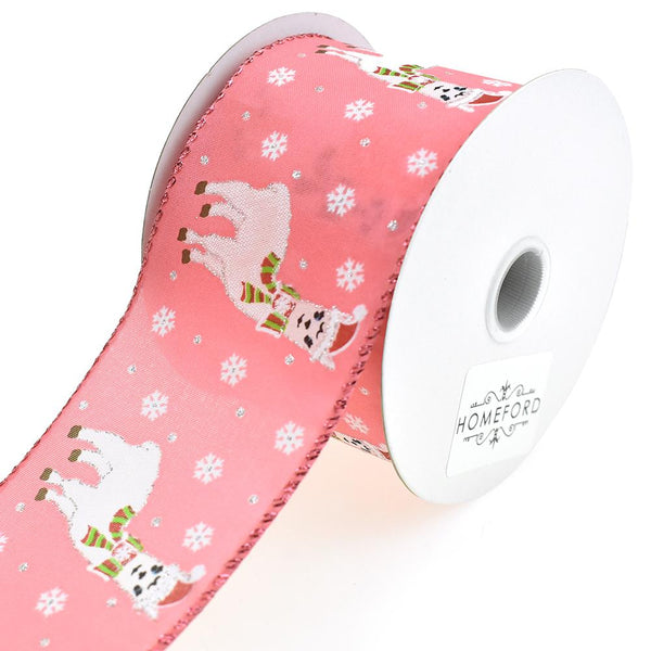 Holiday Alpaca and Snowflake Wired Ribbon, Pink, 2-1/2-Inch, 10-Yard