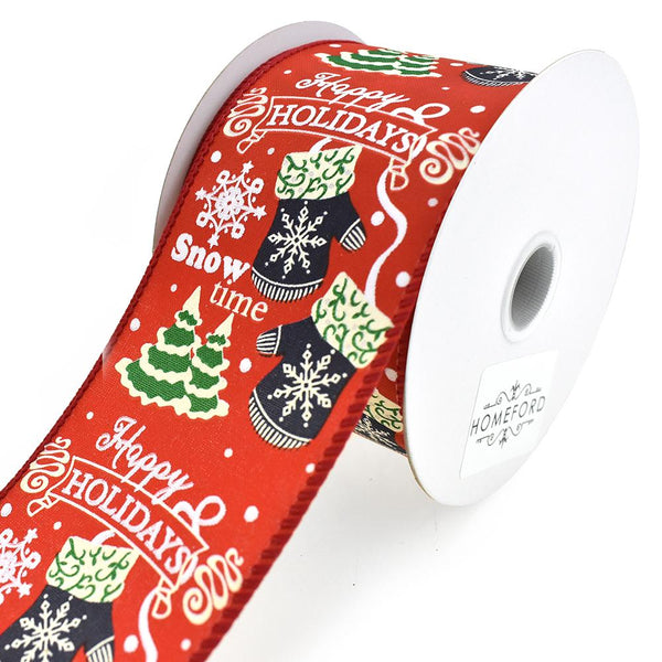 Cozy Christmas Mittens and Script Linen Wired Ribbon, 2-1/2-Inch, 10-Yard, Red