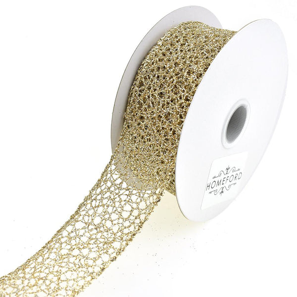 Glitter Webbing Wired Ribbon, Light Gold, 1-1/2-Inch, 10-Yard