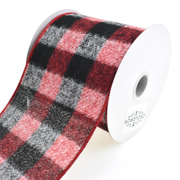 Brushed Buffalo Plaid Wired Ribbon, Red/Black/White, 4-Inch, 10-Yard