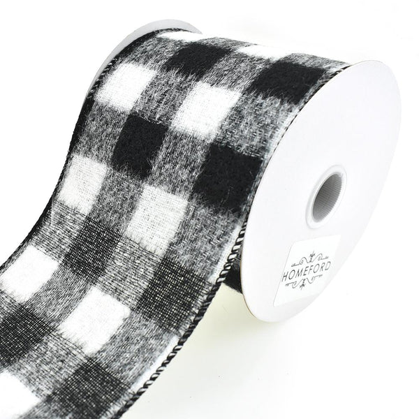 Brushed Buffalo Plaid Wired Ribbon, Black/White, 4-Inch, 10-Yard