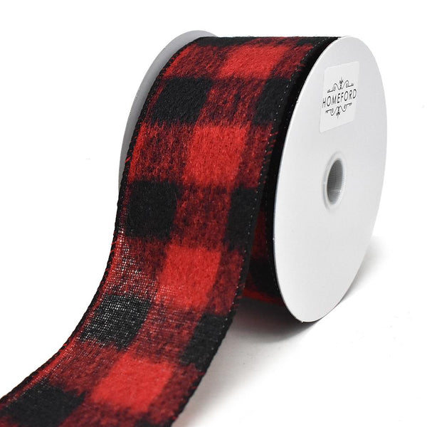 Brushed Buffalo Plaid Wired Edge Christmas Ribbon, 2-1/2-Inch, 10-Yard, Black/Red