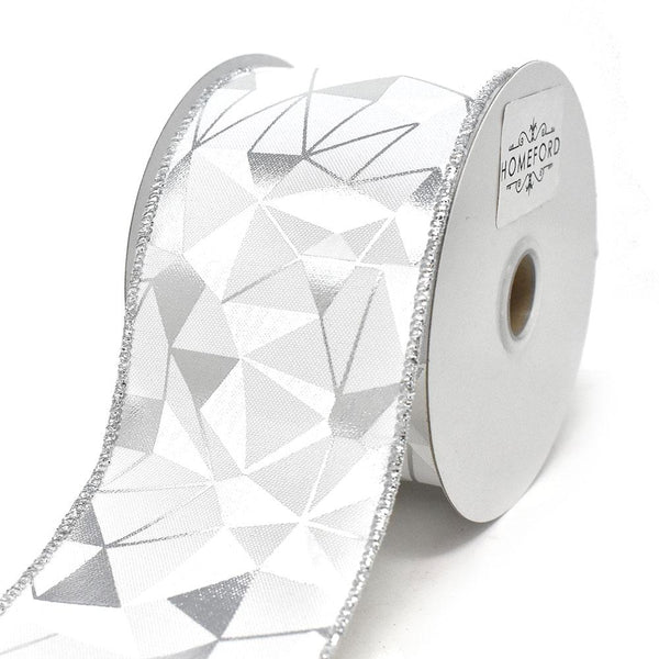 Metallic and White Abstract Wired Ribbon, 2-1/2-Inch, 10-Yard, White/Silver