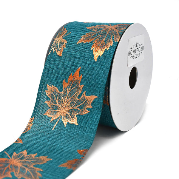 Copper Accent Fall Leaves Wired Ribbon, Green, 2-1/2-Inch, 10-Yard