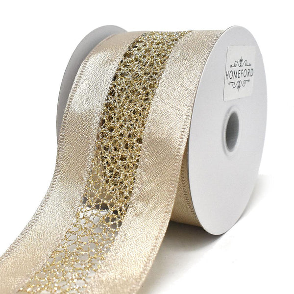 Elegant Satin Ribbon with Glitter Web Center Wired Ribbon, Champagne, 2-1/2-Inch, 10-Yard