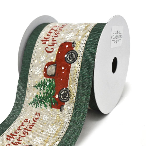 Merry Christmas Pickup Truck and Trees Wired Ribbon, 4-Inch, 10-Yard