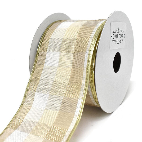 Metallic Shades of Beige Plaid Wired Ribbon, 2-1/2-Inch, 10-Yard