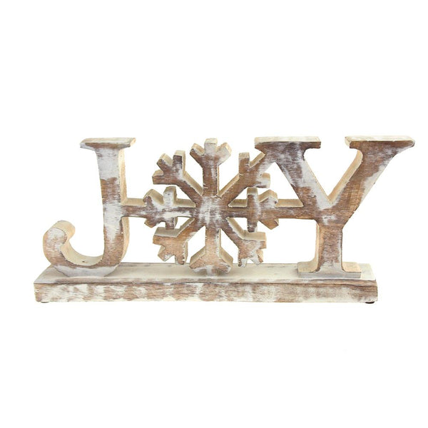 Wooden Joy Snowflake Christmas Distressed Stand, Natural/White, 13-Inch