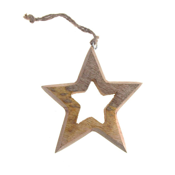 Hanging Wooden Distressed Star Cut-Out Christmas Ornament, Natural, 4-Inch