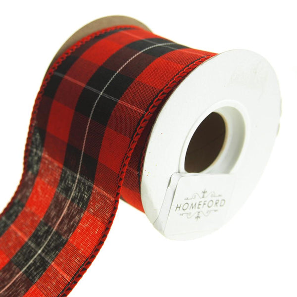 Checkered Mountain Cabin Plaid Wired Holiday Ribbon, Red/Black, 2-1/2-Inch, 10 Yards