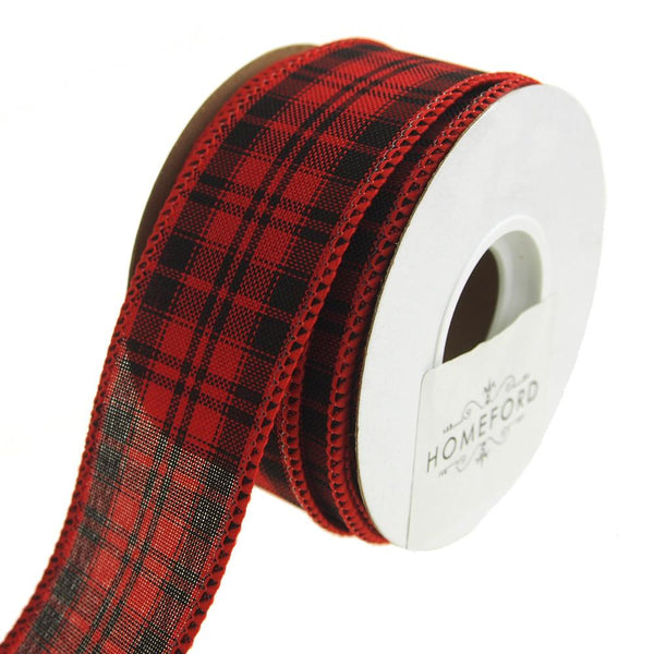 Checkered King Plaid Wired Holiday Ribbon, Red/Black, 1-1/2-Inch, 10 Yards