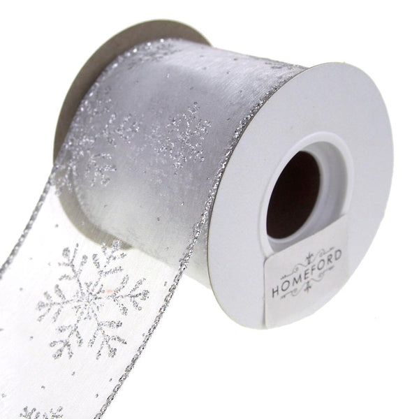 Sheer Wired Organza with Glitter Snowflake Holiday Ribbon, Silver, 2-1/2-Inch, 10 Yards