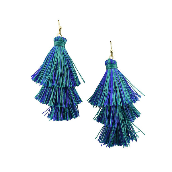 Three Layer Tassel Earrings, Blue Shades, 2-1/4-Inch