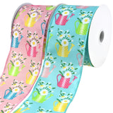 Flowers and Watering Cans Satin Wired Ribbon, 2-1/2-Inch, 10-Yard