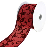 Flocked Swirls Faux Linen Wired Ribbon, 2-1/2-Inch, 10-Yard - Red
