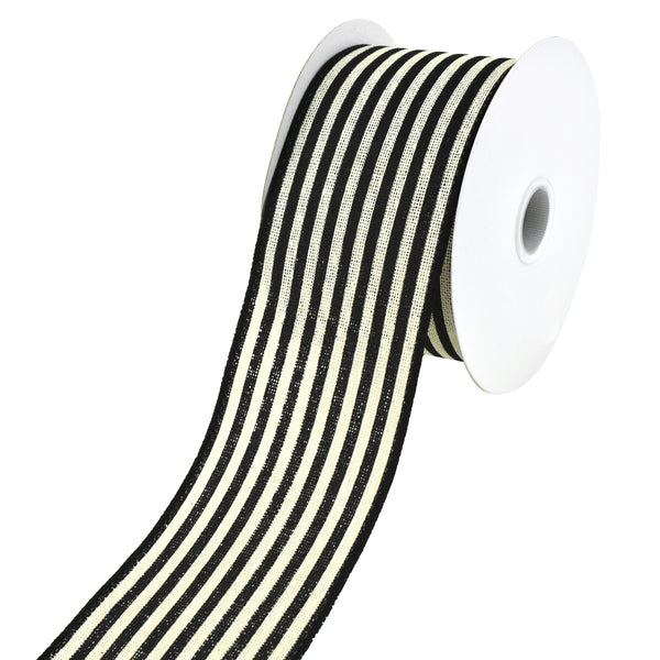 Cabana Stripes Faux Burlap Wired Ribbon, 2-1/2-Inch, 10-Yard - Black/Ivory