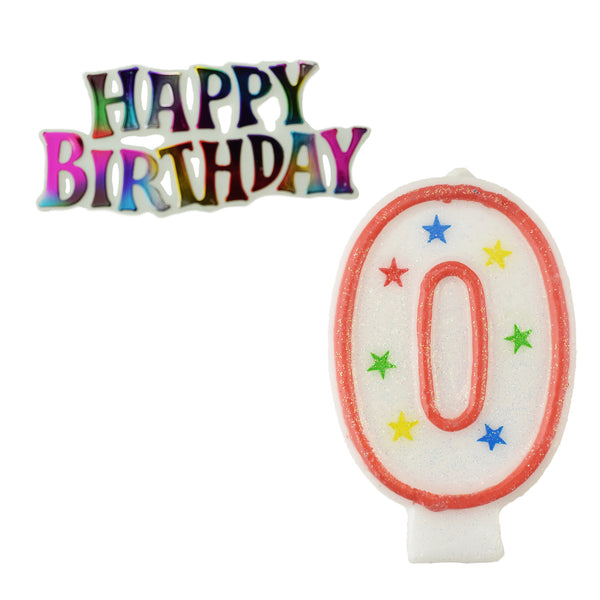 Glitter Number 0 Candle and Happy Birthday Sign, 3-3/8-Inch, 2-Piece