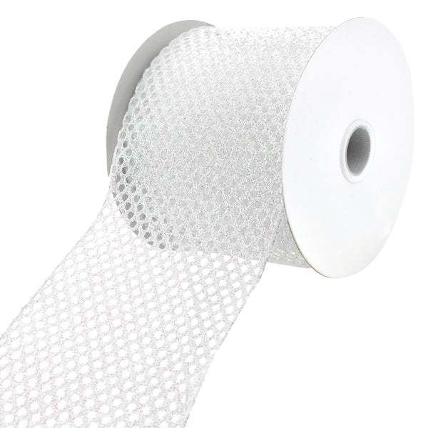 Christmas Iridescent Glitter Net Wired Ribbon, 4-Inch, 10-Yard - White