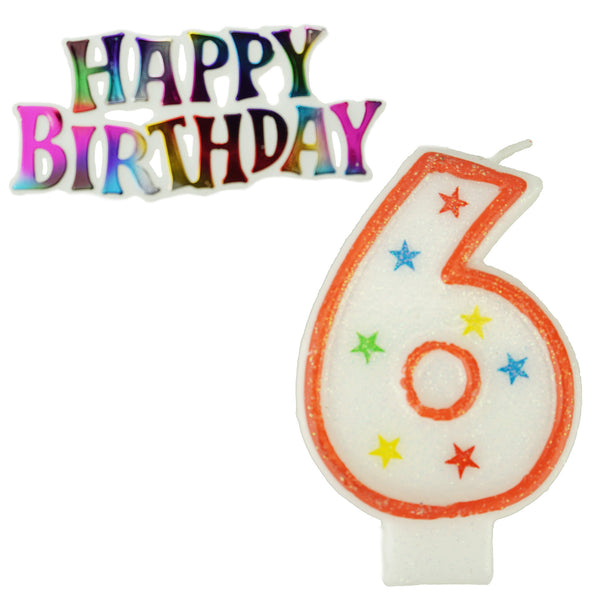 Glitter Number 6 Candle and Happy Birthday Sign, 3-3/8-Inch, 2-Piece