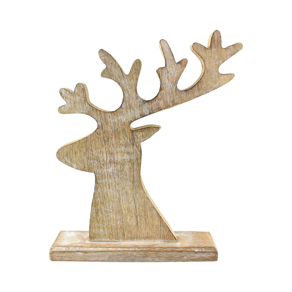 Wooden Reindeer Head Tabletop Decor, White Wash, 10-1/2-Inch