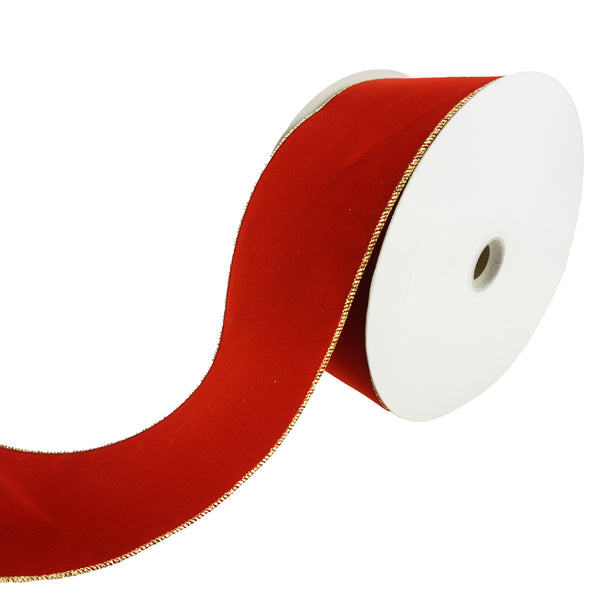 Christmas Velvet Wired Edge Ribbon, Scarlet/Gold, 4-Inch, 50-Yard