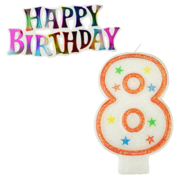 Glitter Number 8 Candle and Happy Birthday Sign, 3-3/8-Inch, 2-Piece