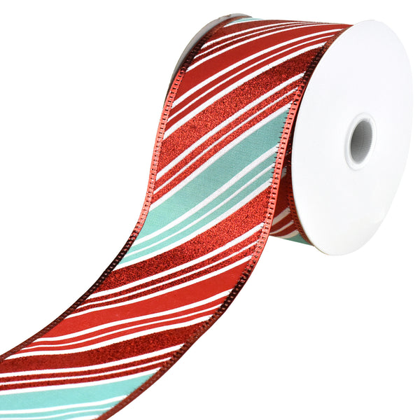 Christmas Glitter Candy Cane Stripes Wired Ribbon, 2-1/2-Inch, 10-Yard - Aqua/Red/White