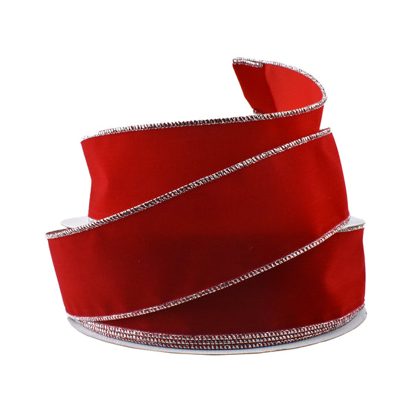 Christmas Velvet Wired Edge Ribbon, Red/Silver, 2-1/2-Inch, 50-Yard