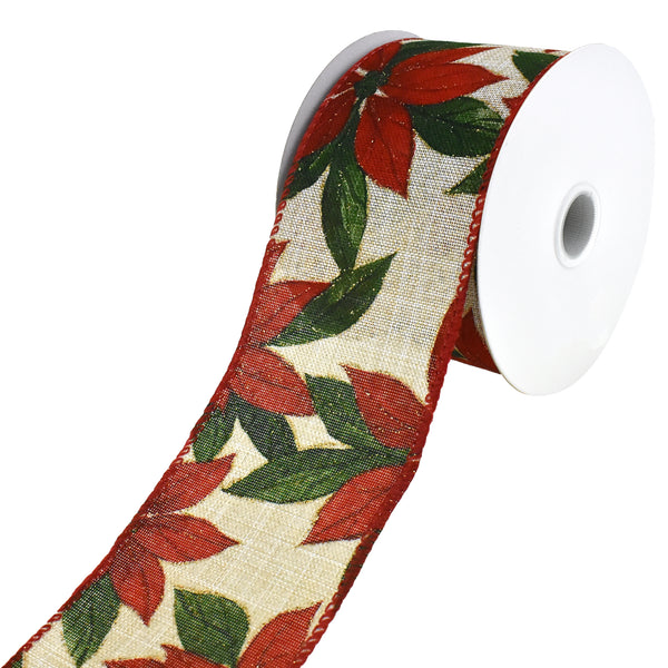 Faux Linen Christmas Poinsettias Wired Ribbon, 2-1/2-Inch, 10-Yard