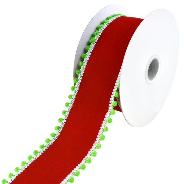 Christmas Velvet Pom Pom Edge Wired Ribbon, 2-1/2-Inch, 10-Yard