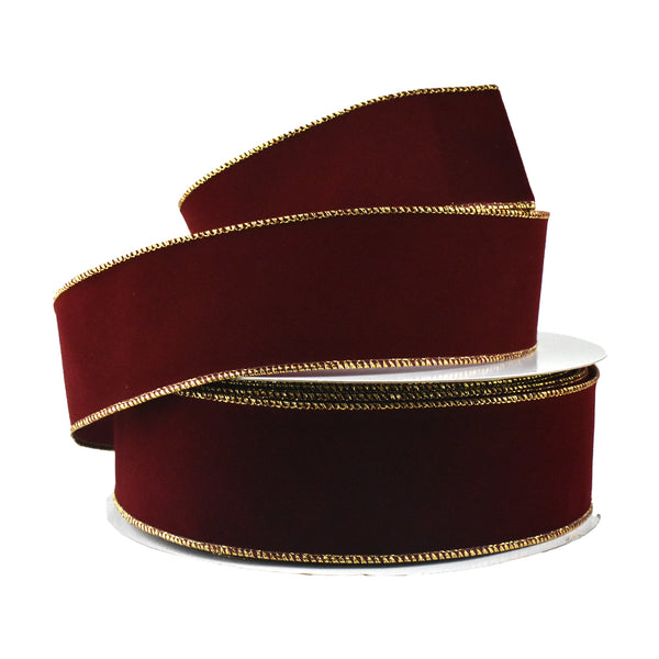 Christmas Velvet Wired Edge Ribbon, Burgundy/Gold, 2-1/2-Inch, 50-Yard