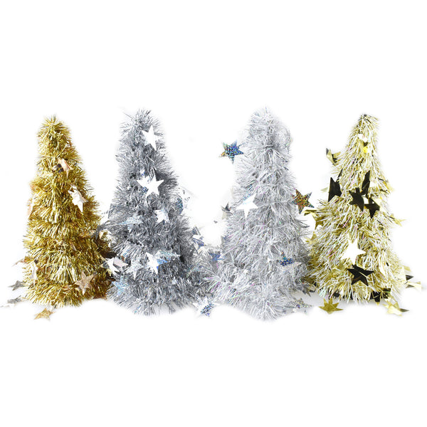 Laser Cut Star Tinsel Table Top Trees, Silver/Gold, 10-Inch, 4-Piece