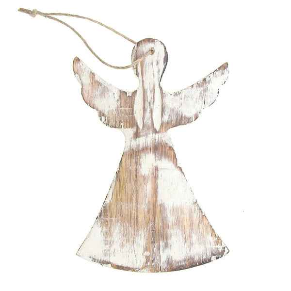 Hanging Wooden Distressed Angel with Wings Christmas Ornament, White, 6-Inch